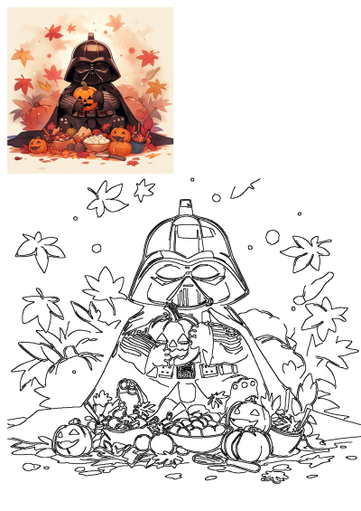 Cute Darth Vader embracing a jack-o'-lantern amidst autumn leaves, festive pumpkins, and treats for Halloween celebrations.