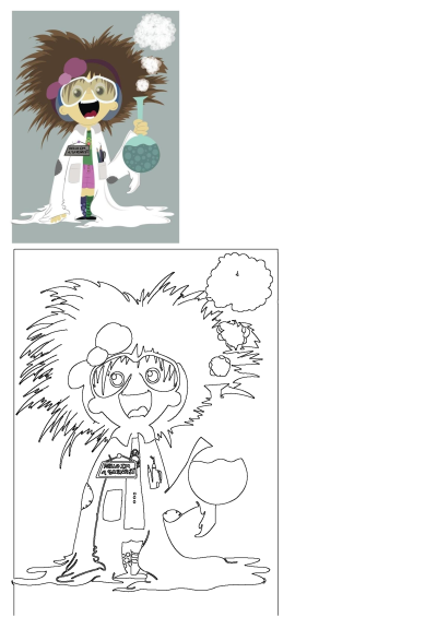 A vibrant cartoon scientist character with wild hair and goggles, enthusiastically experimenting with a smoking beaker while wearing a lab coat.