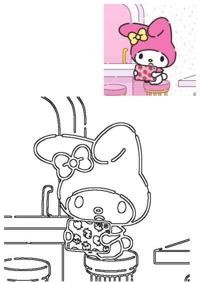 My Melody in a cute pink kitchen setting, holding a phone with a strawberry case against a background of colorful sprinkles.