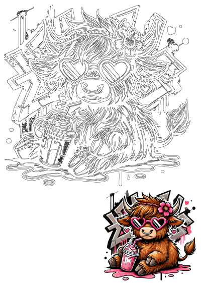 Cute Highland cow PNG art with heart sunglasses, pink flower, and a pink milkshake, set against a stylish graffiti background.