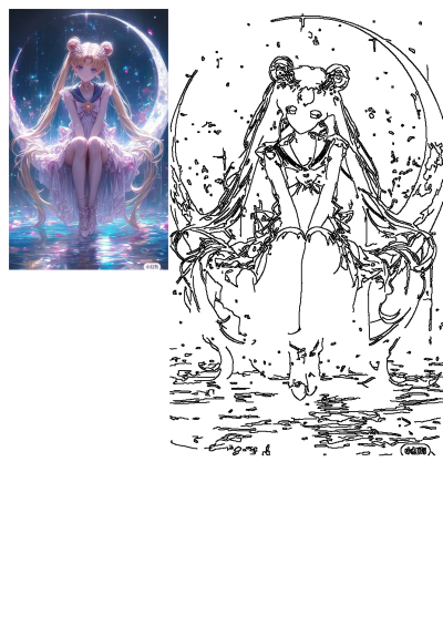 Sailor Moon, an anime fanart, sits gracefully on a sparkling crescent moon amidst a celestial, starry, and reflective scene.