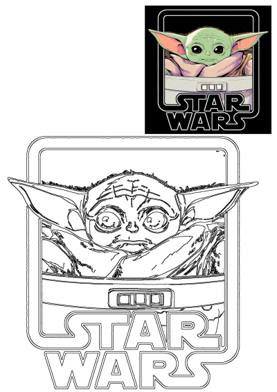 Child Yoda (Grogu) from Star Wars in his iconic hovering pram, with the classic logo on a black background. Perfect T-shirt design.