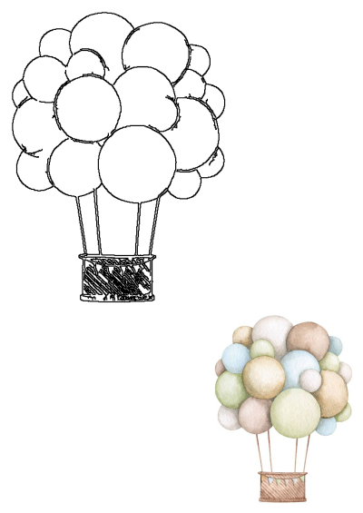 Watercolor balloon drawing with basket, complemented by a black and white line art outline version of the hot air balloon.