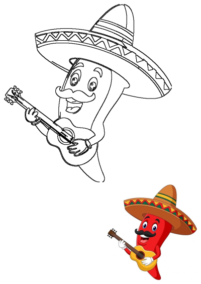 A vibrant cartoon red chili pepper character wearing a sombrero and mustache, happily playing a guitar.