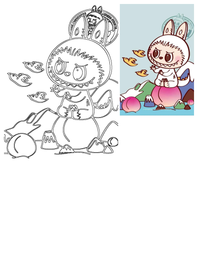 Cute white bunny character with a unique smile sits on a large pink peach. Yellow birds fly nearby, surrounded by colorful mountains.