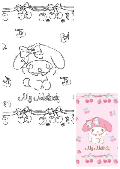 My Melody cute pink background with cherries and strawberries. Outline drawing and vibrant colored reference for design use.