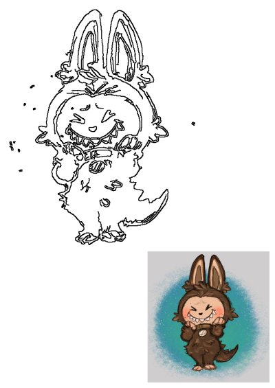 Cute anthropomorphic bunny character line art with a colored example showing brown fur, rosy cheeks, and bared teeth on a textured background.