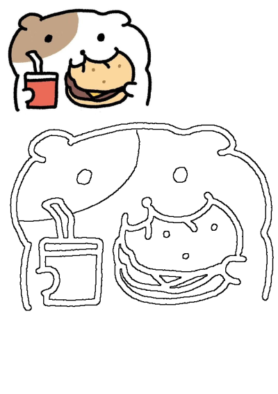 A charming drawing of a cute guinea pig happily munching a hamburger and sipping a drink. Features both colored and outline versions.