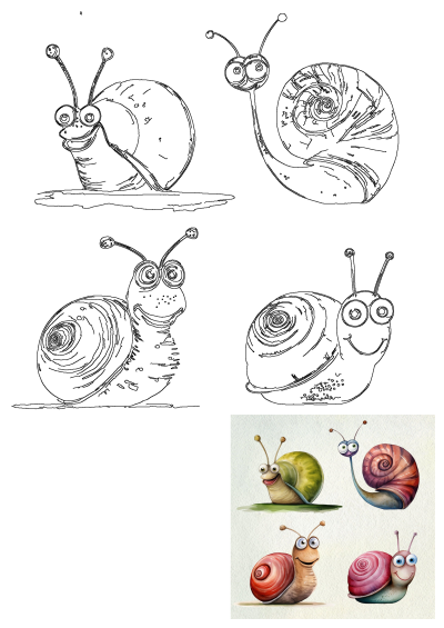 Cute cartoon snails watercolor painting features a delightful array of colorful snails with expressive faces, complemented by black and white outlines.