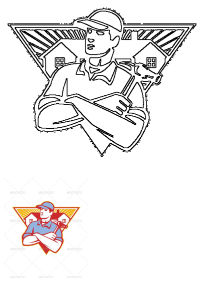 Retro style construction worker builder with cap, crossed arms, holding a hammer, flanked by houses within a triangular logo vector.