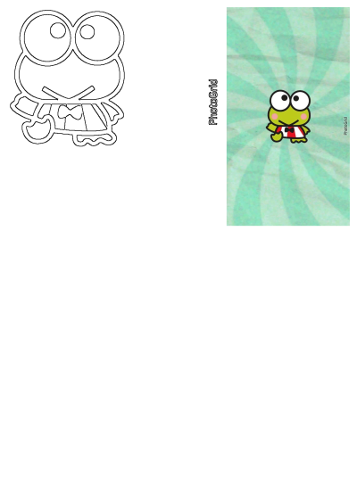 A cute Keroppi frog cartoon wearing a red and white striped shirt on a green background, accompanied by an outline version.