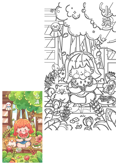 A charming cartoon Xiaoman girl enjoys watermelon with her cute dog in a vibrant garden, featuring flowers and a summer feel.