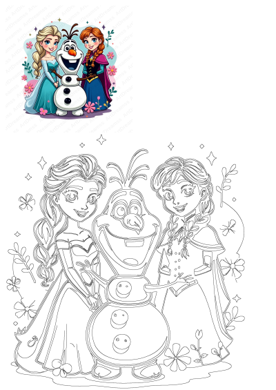 Frozen Princess Anna, Elsa, and Olaf cartoon friends together in a colorful illustration, also featuring a crisp outline version.