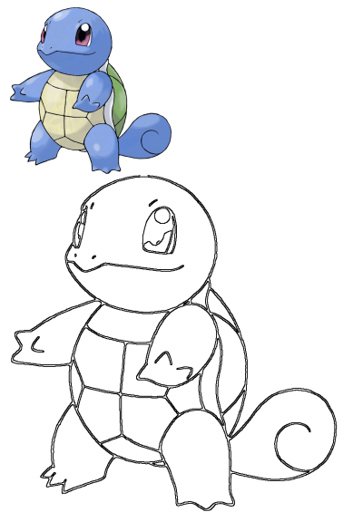 This image shows a blue and yellow turtle Pokémon, Squirtle, sitting on its back legs, along with an uncolored outline version.