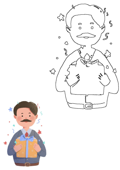 Colored illustration of a mustachioed man holding a gift box with confetti, alongside its black line art outline.