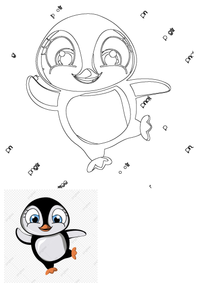 An adorable outline of a cute cartoon penguin, flying with big blue eyes and an orange beak, ready to be colored in.