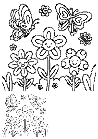 Outline drawing featuring cheerful, smiling flowers and delightful butterflies, perfect for children to engage with creativity.