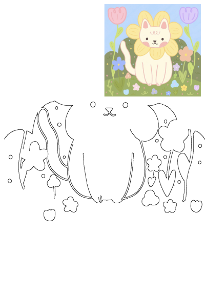 A charming illustration features a cute cream cat wearing a yellow flower around its head, nestled in a vibrant flower garden with colorful blossoms. Includes a black and white outline version.