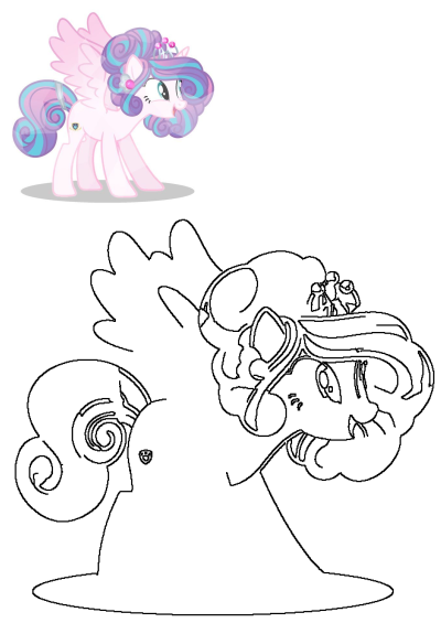 An image showing Princess Flurry Heart, a pink pony with blue and purple mane, alongside her black and white outline for coloring.