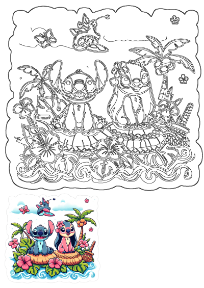 Stitch and Angel on a vibrant tropical island with palm trees, hibiscus flowers, and ocean waves. Cute cartoon illustration.