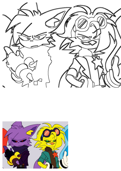 Two stylized cartoon characters, one purple and one yellow, stand side by side. The purple character looks angry, while the yellow one smirks with goggles.