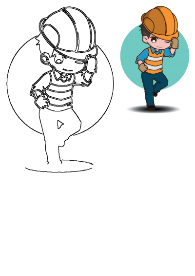 Cartoon man wearing an orange hard hat, blue shirt, orange safety vest, and blue jeans, winking and holding his hat.