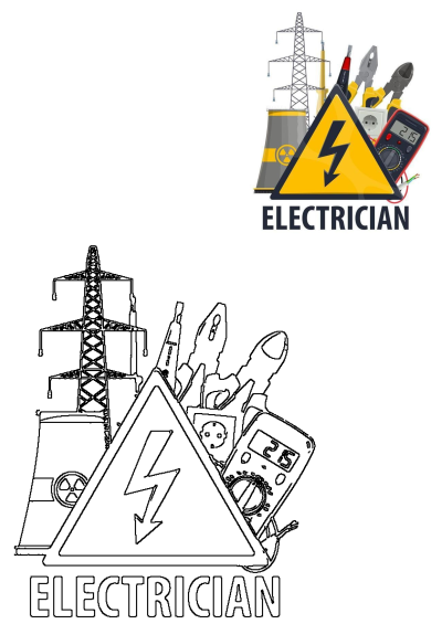 Electrician Sign With Tools And Equipment Vector showing a hazard symbol, power tower, multimeter, pliers, screwdrivers, and an outline version.
