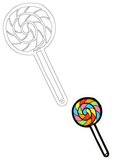 A vibrant, multi-colored swirl lollipop sticker with a white stick, isolated on a white background, accompanied by its black and white outline version.