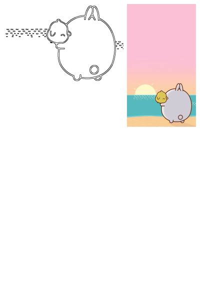 Molang and Piu Piu, cute cartoon friends, at a beautiful beach sunset. Features both a vibrant colored illustration and a clear outline version.
