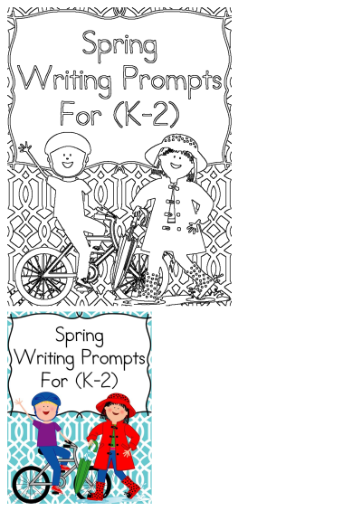 Spring Writing Prompts K 2 Children Bikes: Outline of kids in rain gear, boy on bike, girl with umbrella, for spring writing activities.