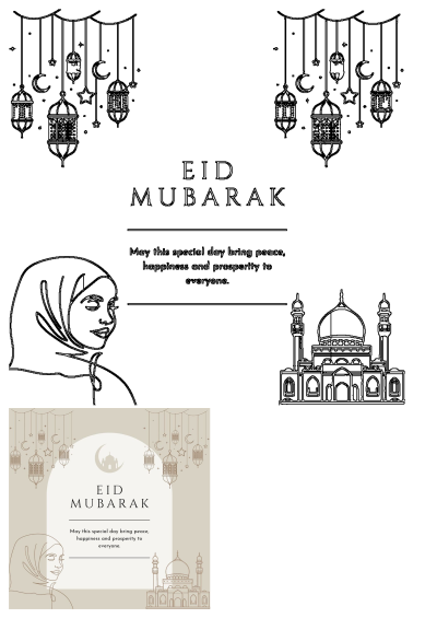 Eid Mubarak greeting card design featuring a woman in a headscarf, mosque, and hanging lanterns with a festive blessing.