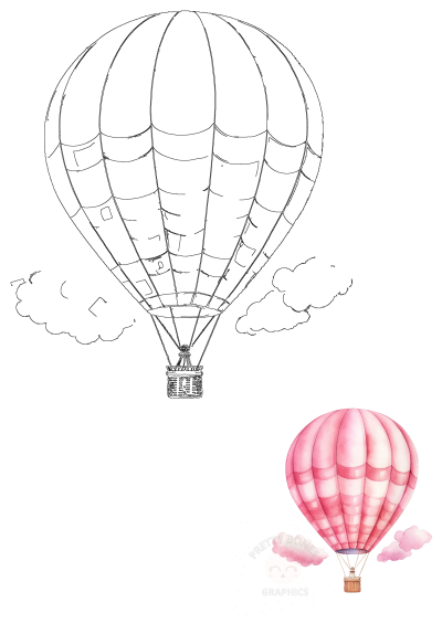 A beautiful pink watercolor hot air balloon with fluffy pink clouds, accompanied by a detailed black outline version for creative projects.