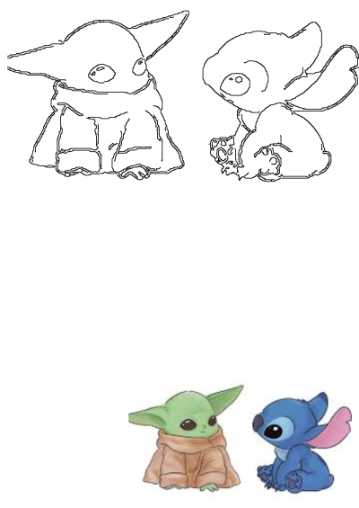Detailed illustrations of Baby Yoda (Grogu) and Stitch sitting on a white background, presented in both line art outline and vibrant colored versions.