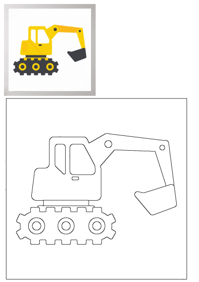 Colorful yellow and black excavator illustration on paper, alongside a black and white outline drawing for coloring.