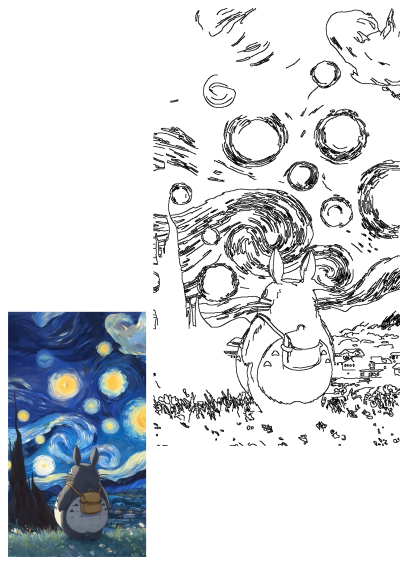 Totoro sits in a grassy field, admiring a vibrant starry night sky inspired by Van Gogh, with a distant village.