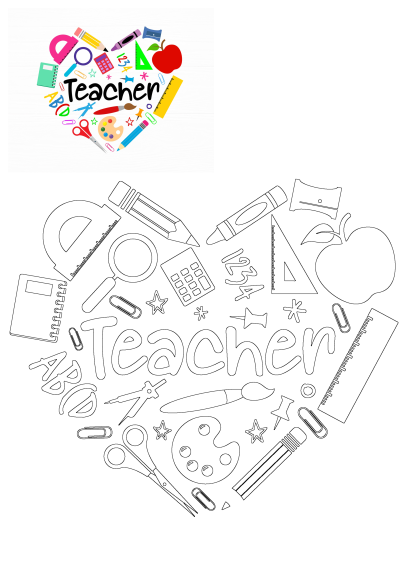 Heart-shaped school supplies clipart with 'Teacher' text for appreciation. Features colorful tools like apples and pencils, plus an outline version.