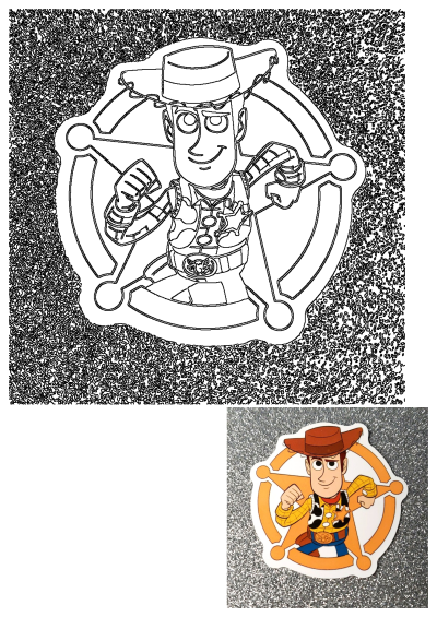 Detailed Toy Story Woody Sheriff sticker design, featuring the character within a badge, shown as both an outline and a vibrant colored sticker.