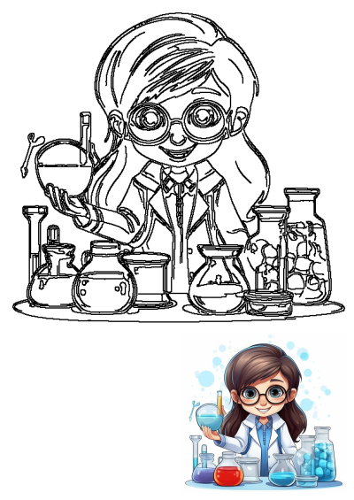 Outline drawing of a cartoon scientist girl, holding beakers and surrounded by scientific tools; includes a smaller colored version.