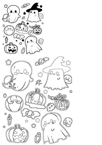 Cute Halloween ghosts, some with witch hats, alongside adorable pumpkins with various faces, stars, bats, and candy outlines for kids.