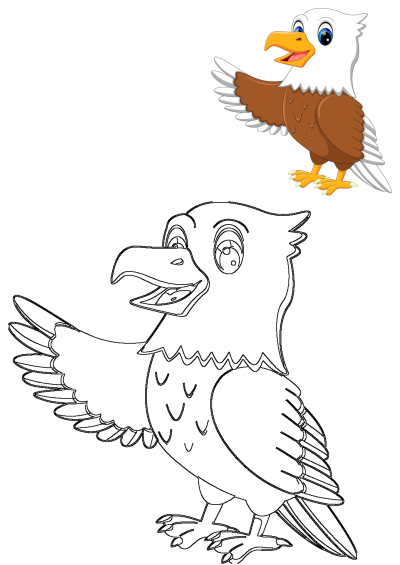 A cheerful cartoon bald eagle with a white head, yellow beak, and blue eyes stands with its brown and white wings spread, waving.