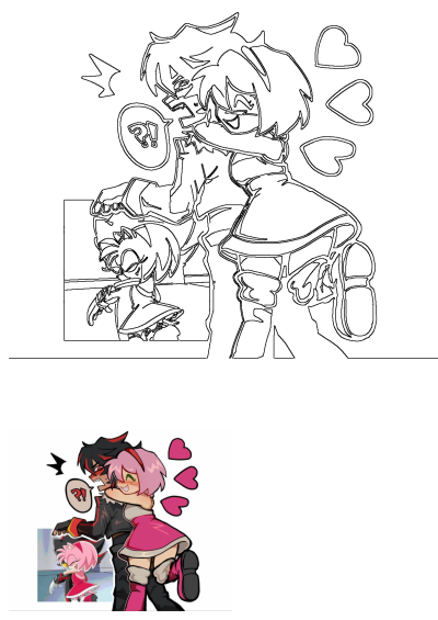 Amy Rose with pink hair embraces Shadow the Hedgehog, who looks surprised, with floating hearts indicating affection. Dual image shows colored and outline art.