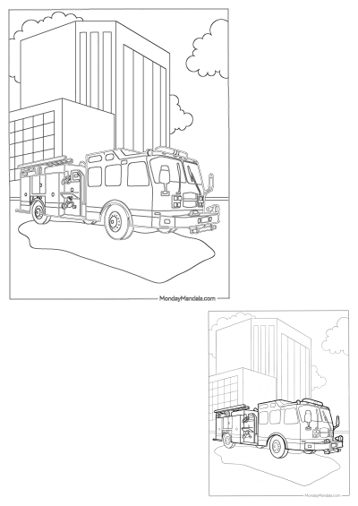 A fire truck is parked in front of a tall building with clouds in the sky, perfect for coloring.