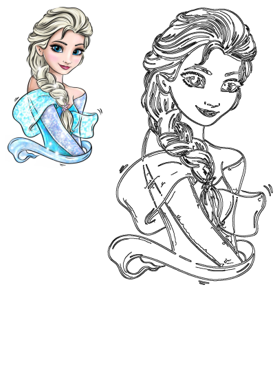 Elsa Frozen princess illustration with long blonde braided hair, sparkling blue dress. Features vibrant color and outline versions.