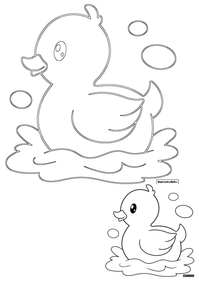 Outline illustration of two cute rubber ducks, one large and one small, with bubbles, perfect for kids to color.