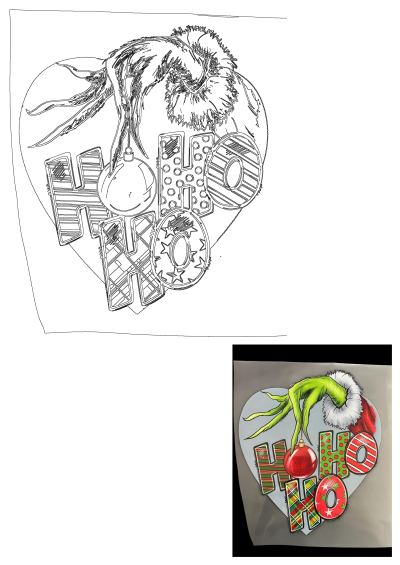 Grinch Ho Ho Heart Sticker Christmas Decoration, featuring a green Grinch hand in a Santa hat above festive 'HO HO HO' letters and an ornament.