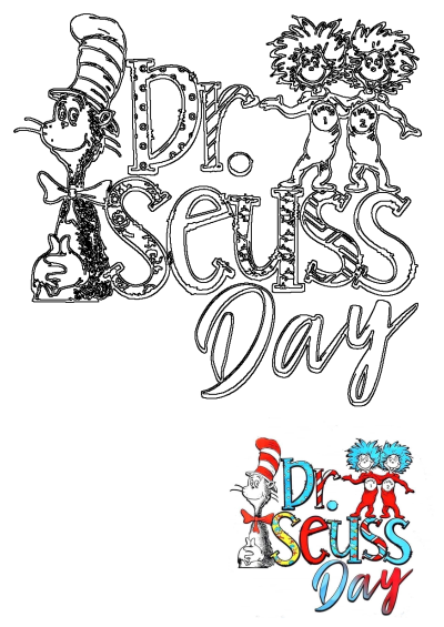 Dr. Seuss Day illustration with Cat in the Hat, Thing One & Two characters. Large B&W outline & a small colorful version.
