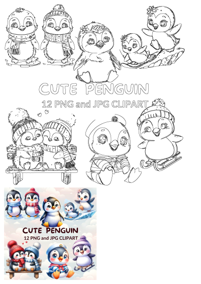 Adorable winter penguin clipart bundle with cute penguins wearing hats and scarves. Features line art and vibrant colored illustrations, many on sleds.