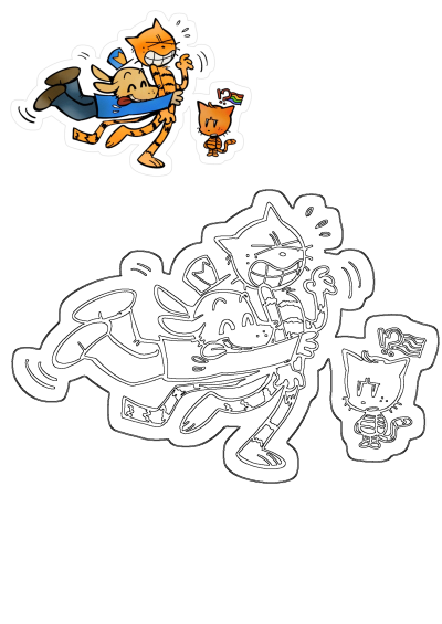 A vibrant cartoon of a happy orange cat hugging a brown dog, next to a confused kitten with a rainbow flag, with a black-and-white outline version below.