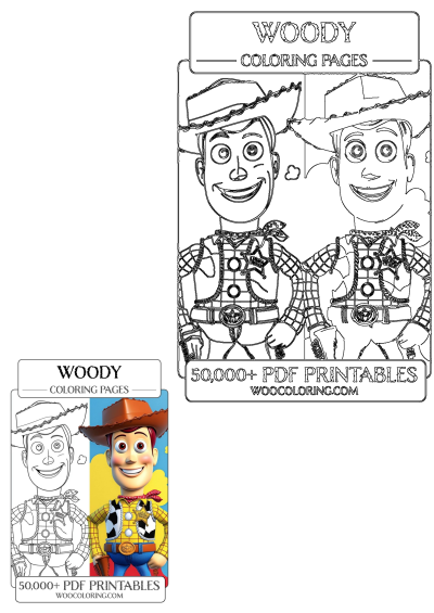 Cute Woody from Toy Story, featuring a detailed cowboy character outline and a vibrant full-color illustration for kids and fans to enjoy.