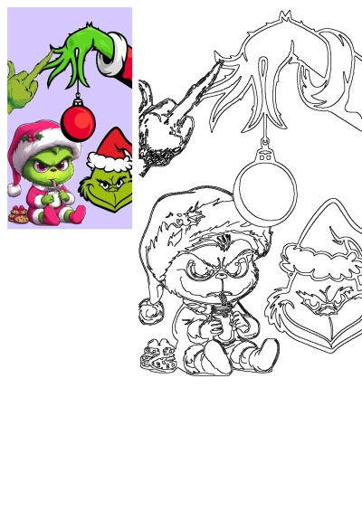 A funny Grinch Christmas cartoon bundle featuring a hand with an ornament, a cute baby Grinch drinking, and a grumpy Grinch face.